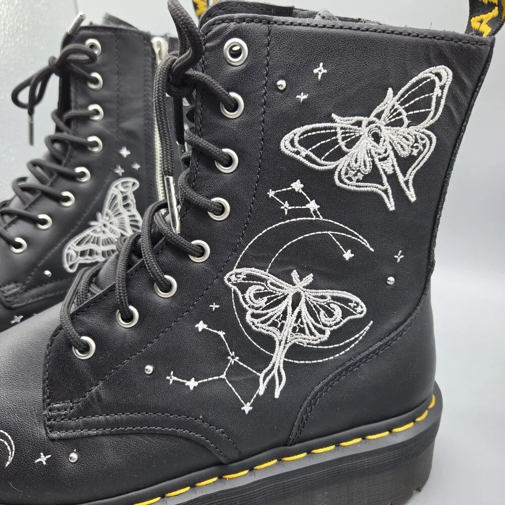 Dr. Martens Jadon Boots Celestial Moth Embroidered Platform Black Women's Sz 11